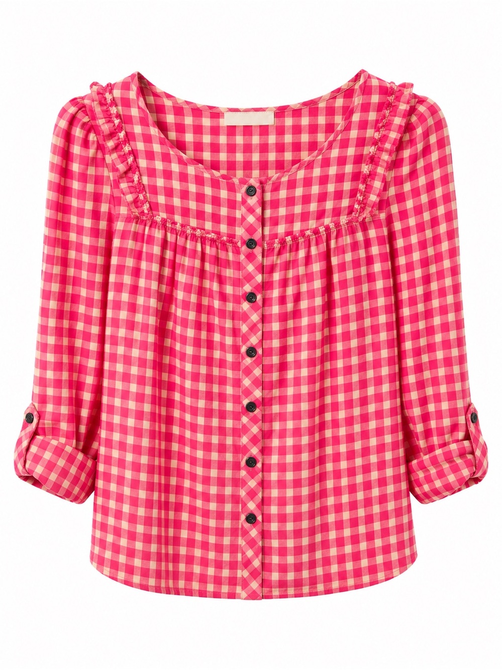 HOLDING HORSES Pink Gingham Ruffle-Trim Button Down 100% Cotton Top